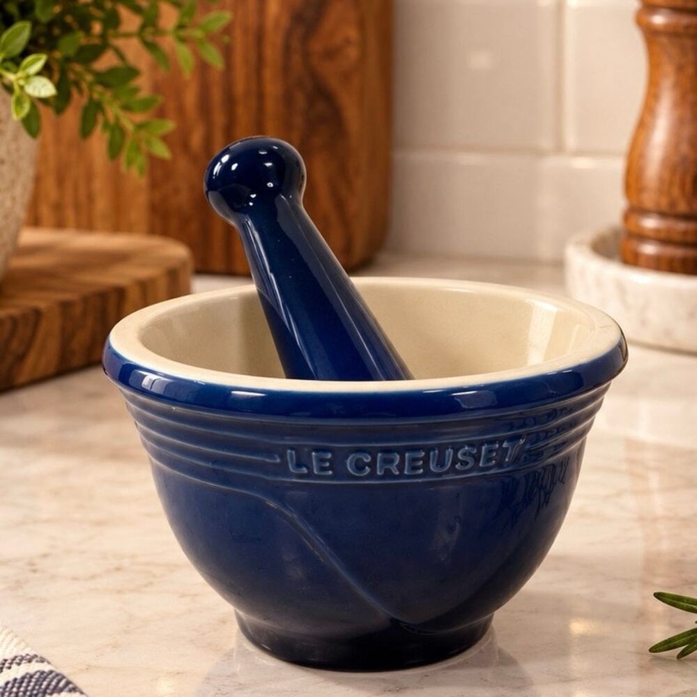 Le Creuset Rare Cobalt Blue Ceramic Stoneware Mortar and Pestle 20oz French